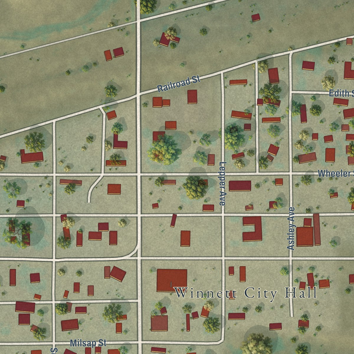 Close-up of the map of Winnett, Montana print showing street and building detail