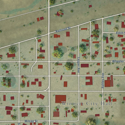 Close-up of the map of Winnett, Montana print showing street and building detail
