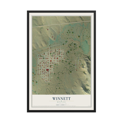 Map of Winnett, Montana, 12 x 18 inch print in a black wood frame