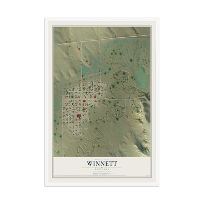Map of Winnett, Montana, 12 x 18 inch print in a white wood frame