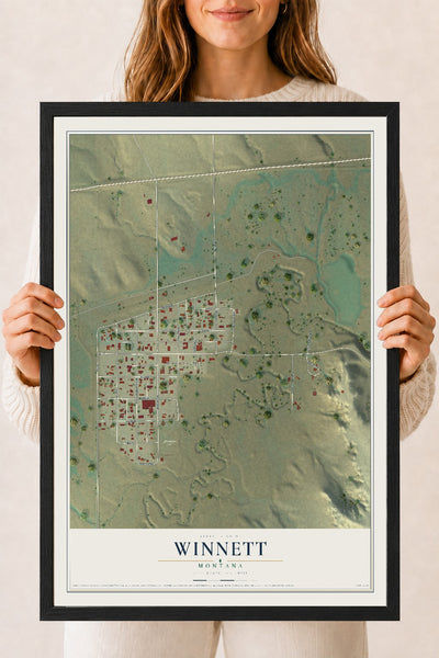 Map of Winnett, Montana, 18 x 24 inch print in a black wood frame