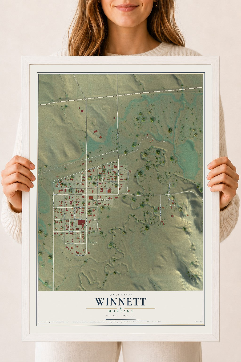 Map of Winnett, Montana, 18 x 24 inch print in a white wood frame