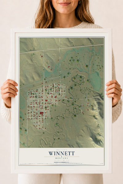Map of Winnett, Montana, 18 x 24 inch print in a white wood frame