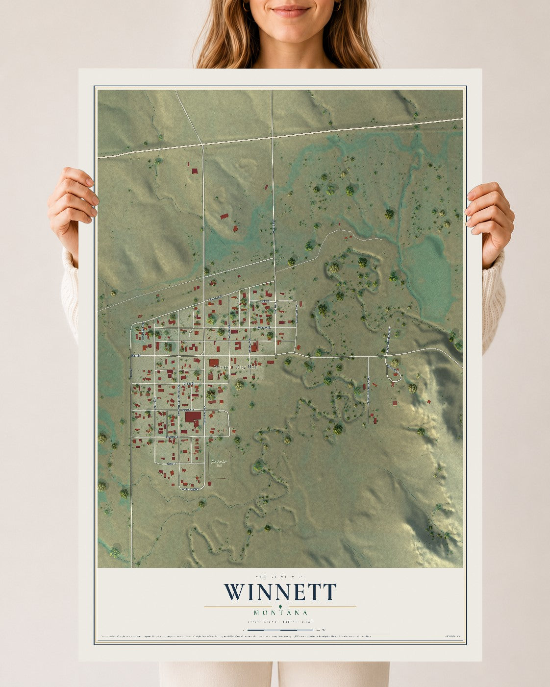 Map of Winnett, Montana, 24 x 36 inch unframed archival matte print