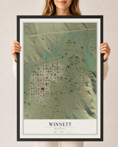Map of Winnett, Montana, 24 x 36 inch print in a black wood frame