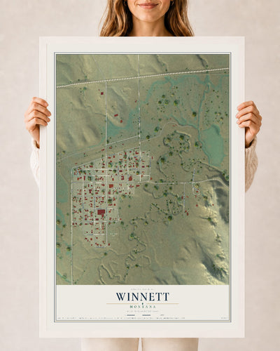 Map of Winnett, Montana, 24 x 36 inch print in a white wood frame