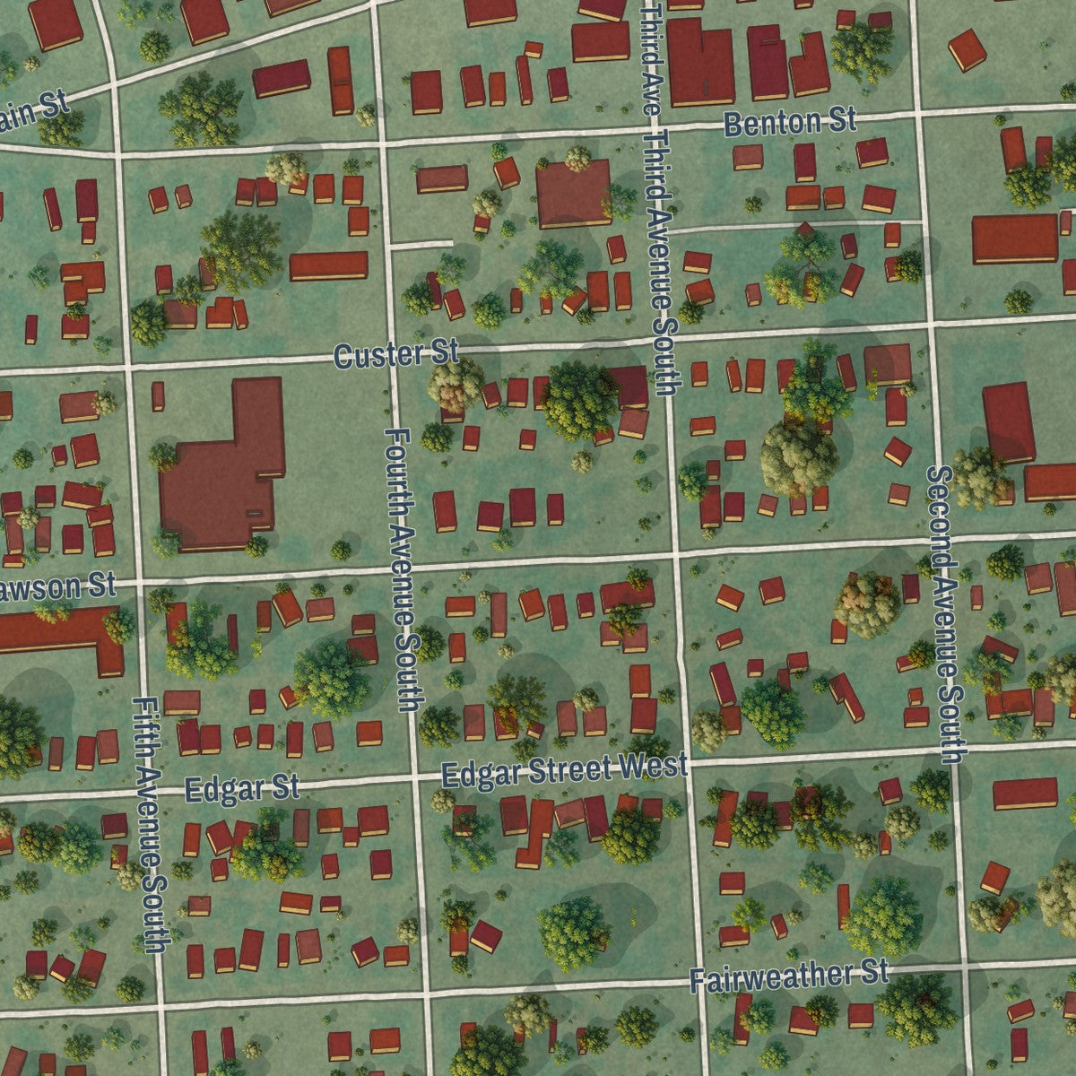 Second close-up of the map of Wolf Point, Montana print showing more streets and buildings