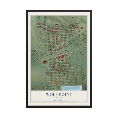Map of Wolf Point, Montana, 12 x 18 inch print in a black wood frame