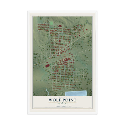 Map of Wolf Point, Montana, 12 x 18 inch print in a white wood frame