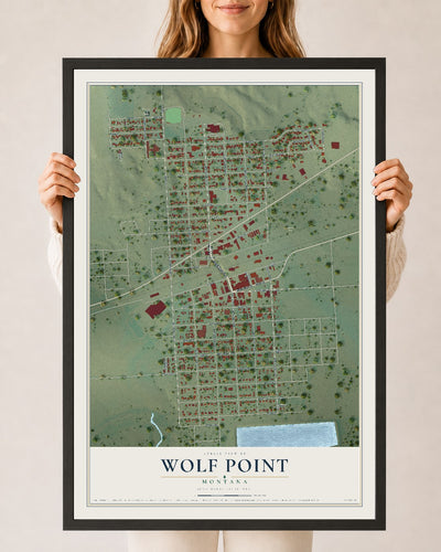Map of Wolf Point, Montana, 24 x 36 inch print in a black wood frame