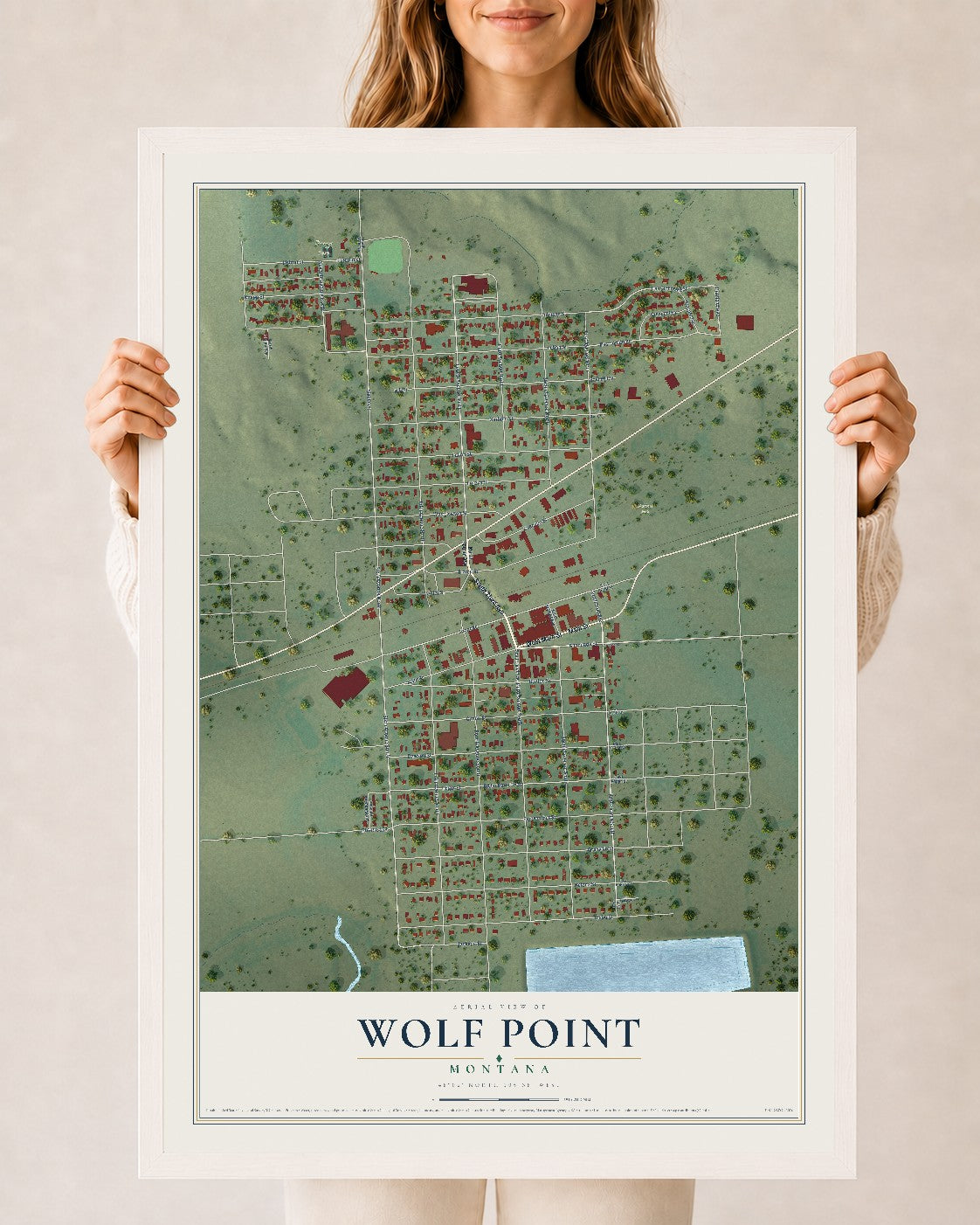 Map of Wolf Point, Montana, 24 x 36 inch print in a white wood frame