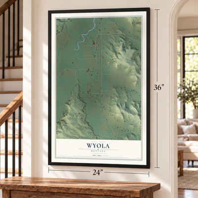 Wyola, Montana map, 24 x 36 inch print in a black frame by a staircase