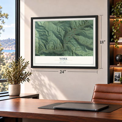 York, Montana map, 18 x 24 inch print in a black frame in a home office