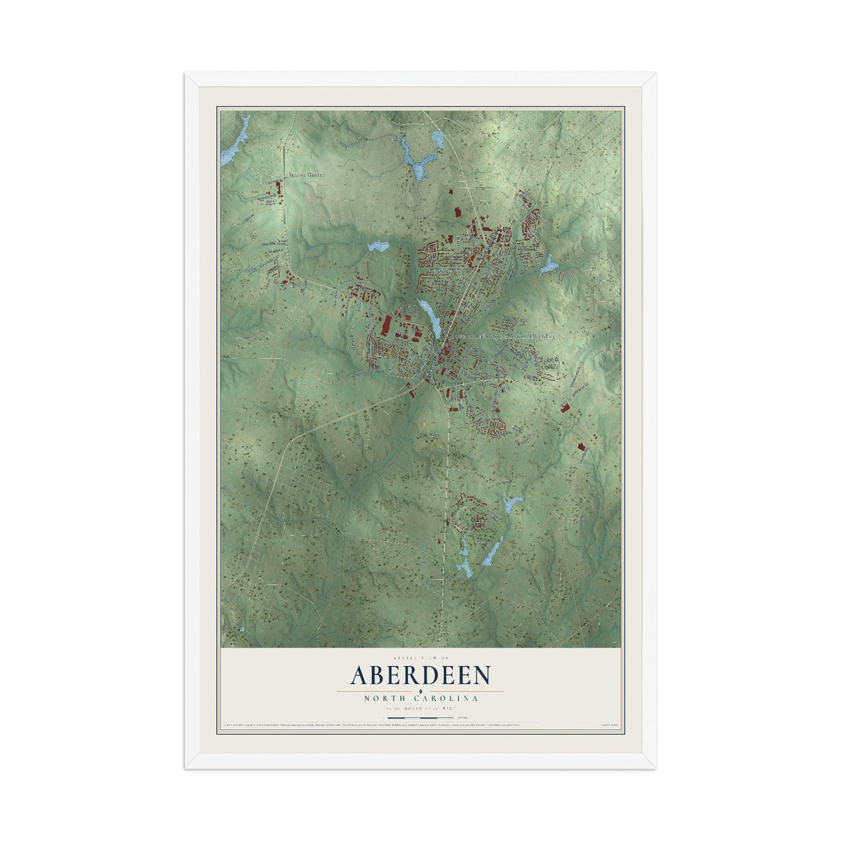 Map of Aberdeen, North Carolina, 12 x 18 inch print in a white wood frame