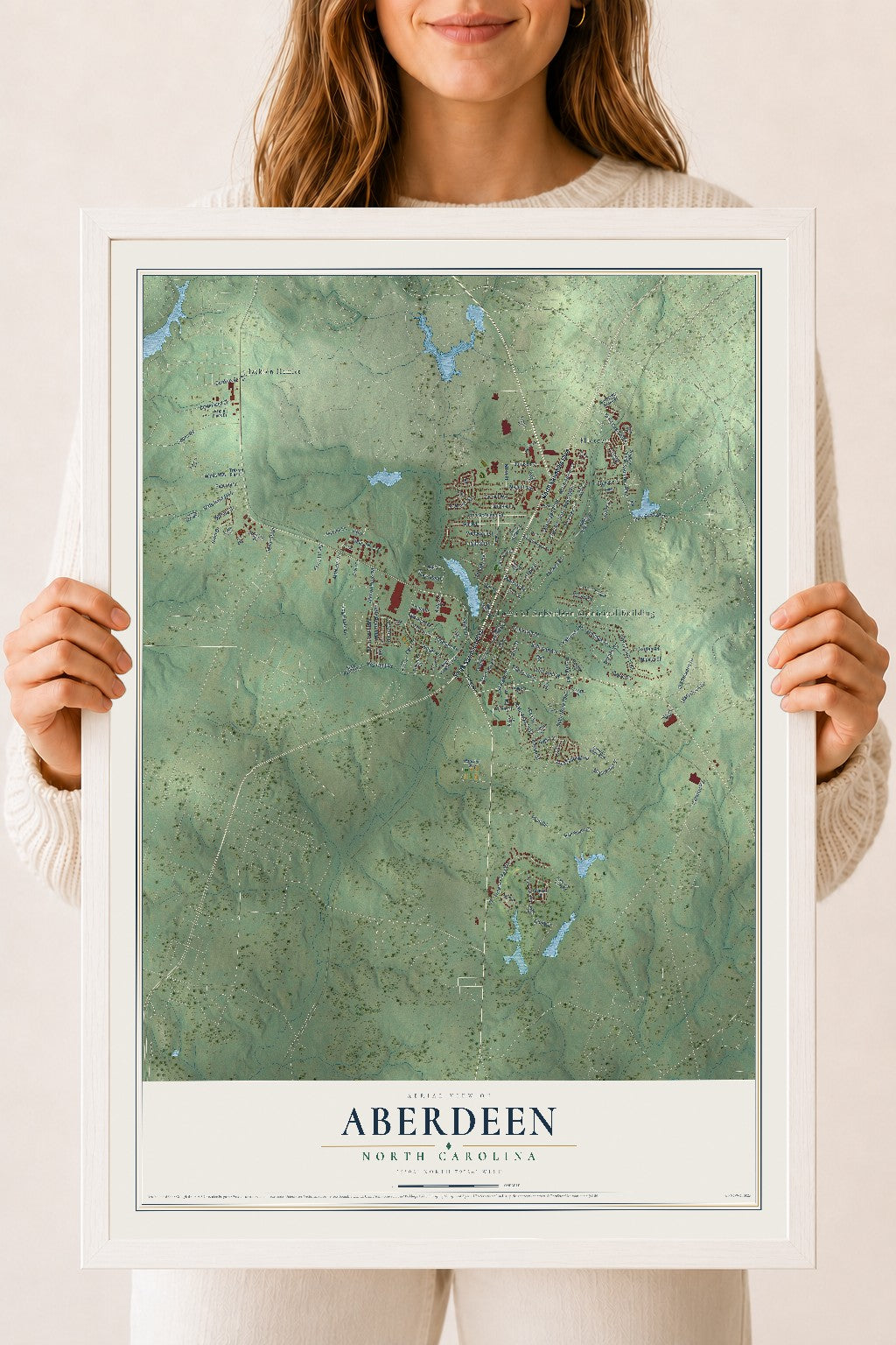 Map of Aberdeen, North Carolina, 18 x 24 inch print in a white wood frame