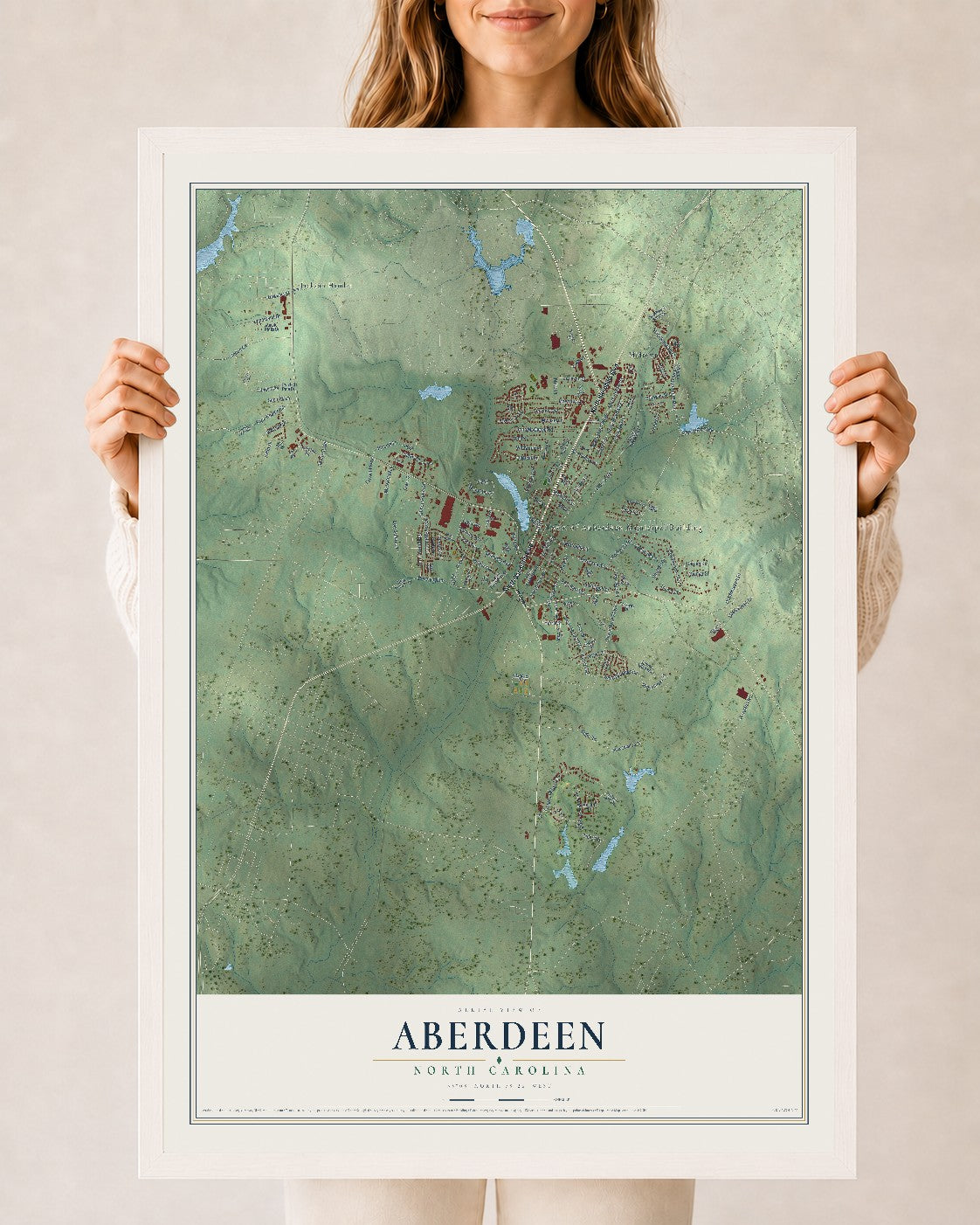 Map of Aberdeen, North Carolina, 24 x 36 inch print in a white wood frame
