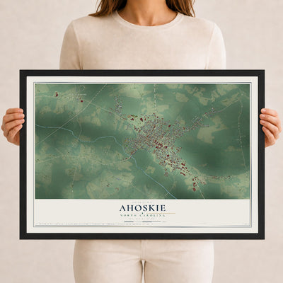 Map of Ahoskie, North Carolina, 12 x 18 inch print in a black wood frame
