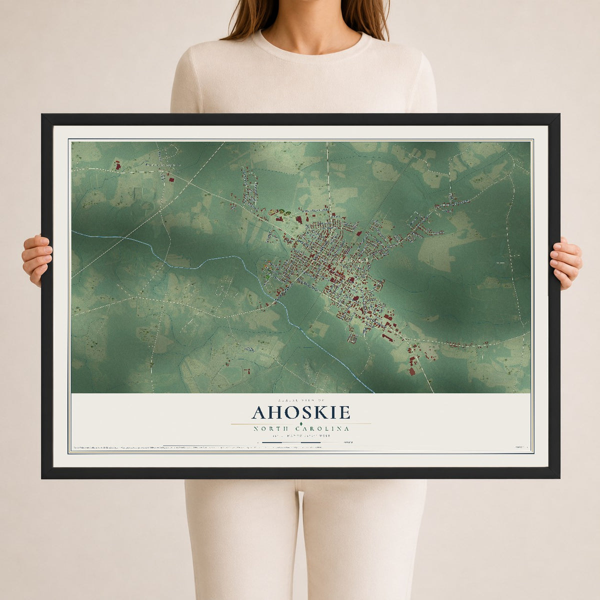 Map of Ahoskie, North Carolina, 24 x 36 inch print in a black wood frame