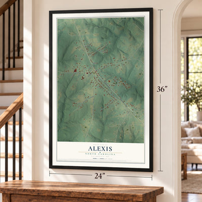 Alexis, North Carolina map, 24 x 36 inch print in a black frame by a staircase