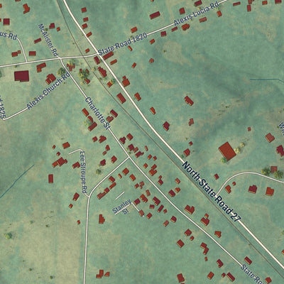 Close-up of the map of Alexis, North Carolina print showing street and building detail