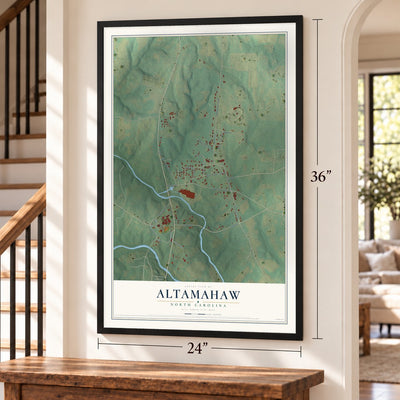 Altamahaw, North Carolina map, 24 x 36 inch print in a black frame by a staircase