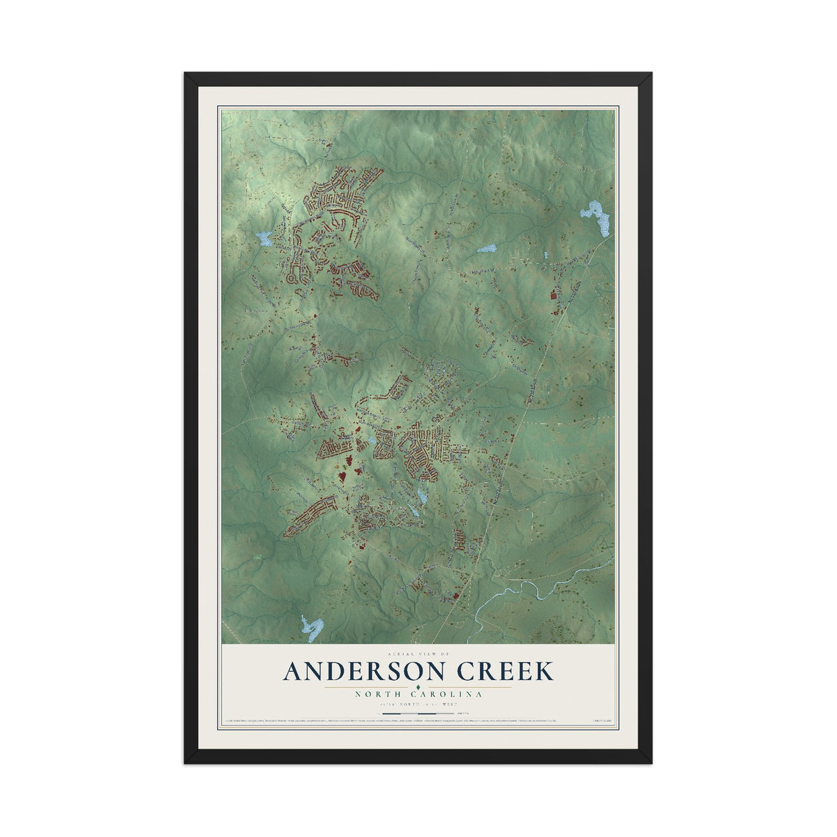 Map of Anderson Creek, North Carolina, 12 x 18 inch print in a black wood frame