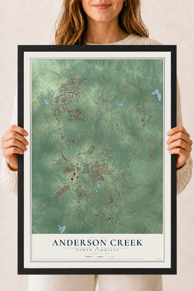 Map of Anderson Creek, North Carolina, 18 x 24 inch print in a black wood frame