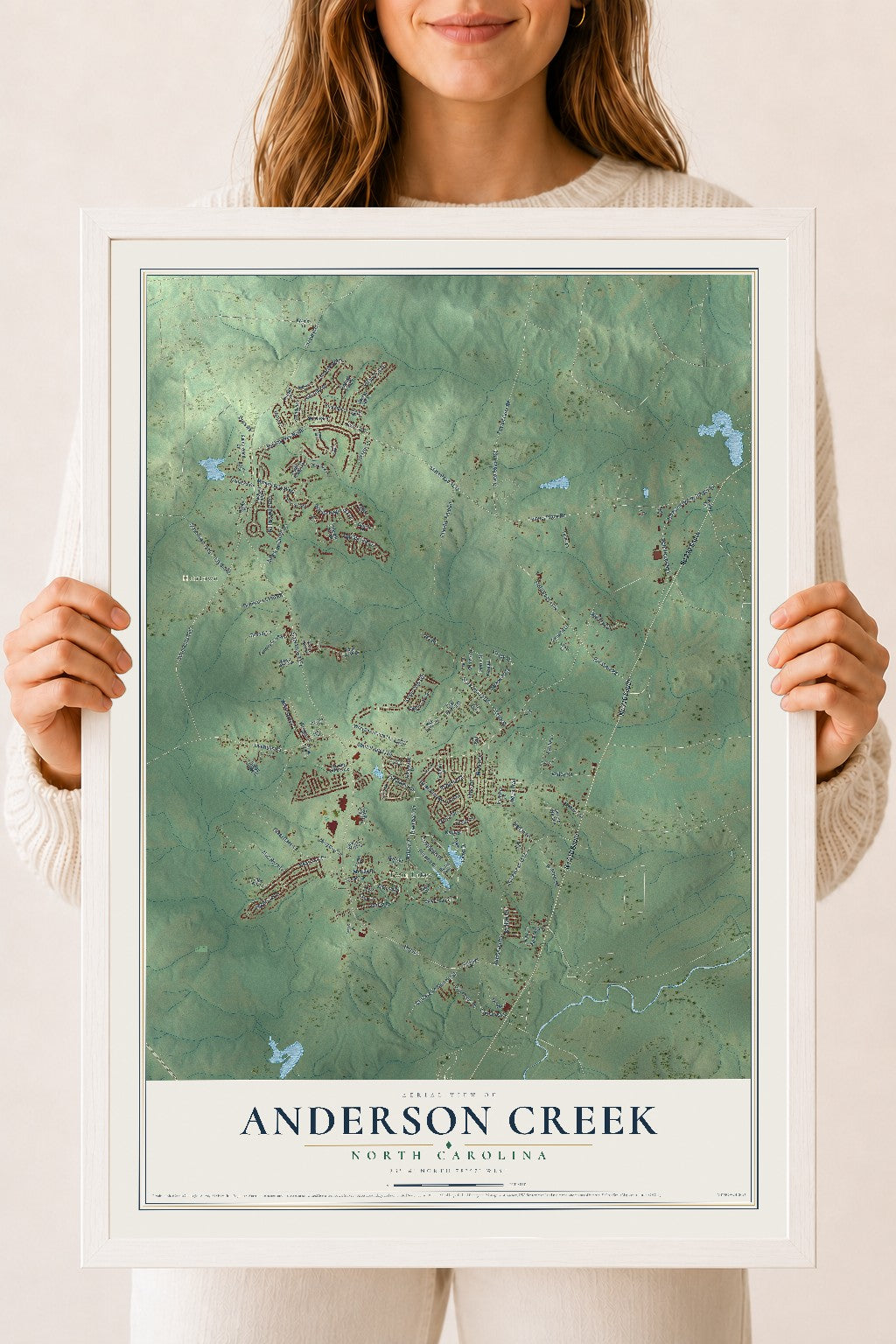 Map of Anderson Creek, North Carolina, 18 x 24 inch print in a white wood frame