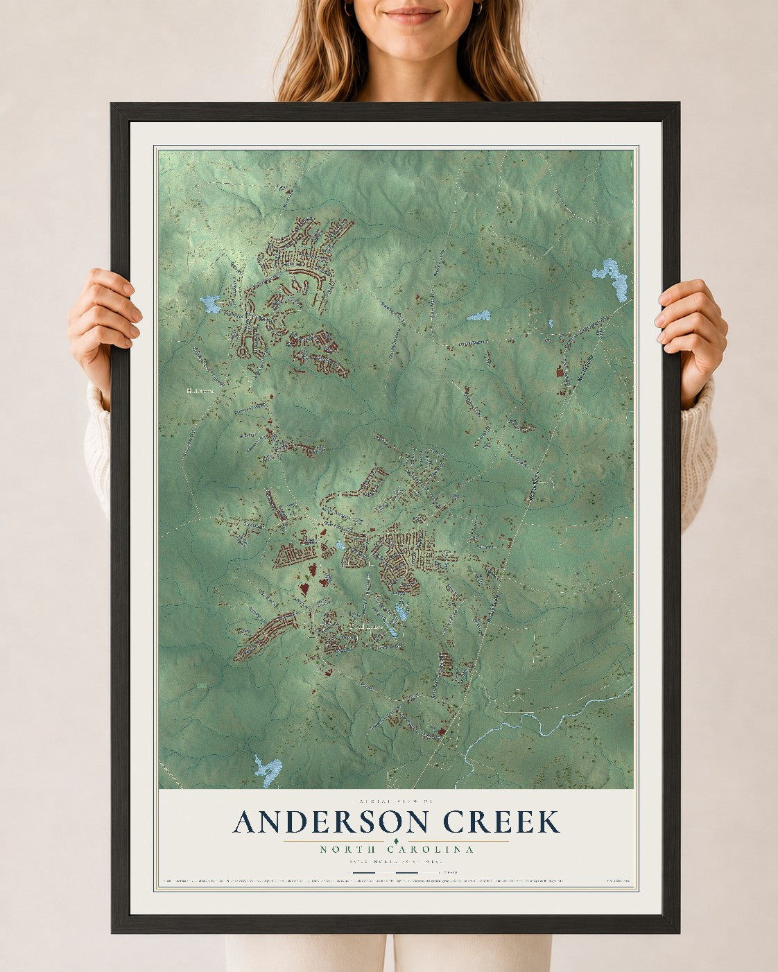 Map of Anderson Creek, North Carolina, 24 x 36 inch print in a black wood frame