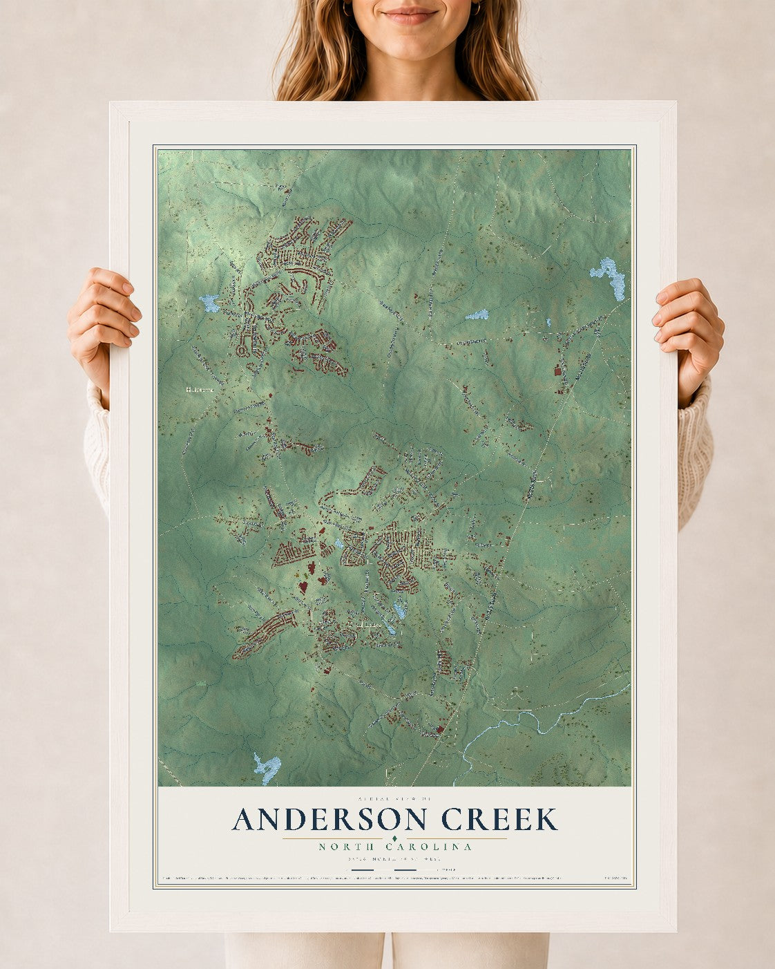 Map of Anderson Creek, North Carolina, 24 x 36 inch print in a white wood frame