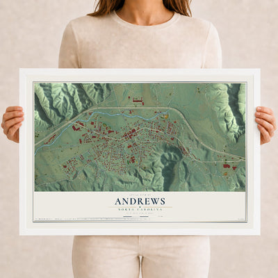 Map of Andrews, North Carolina, 12 x 18 inch print in a white wood frame