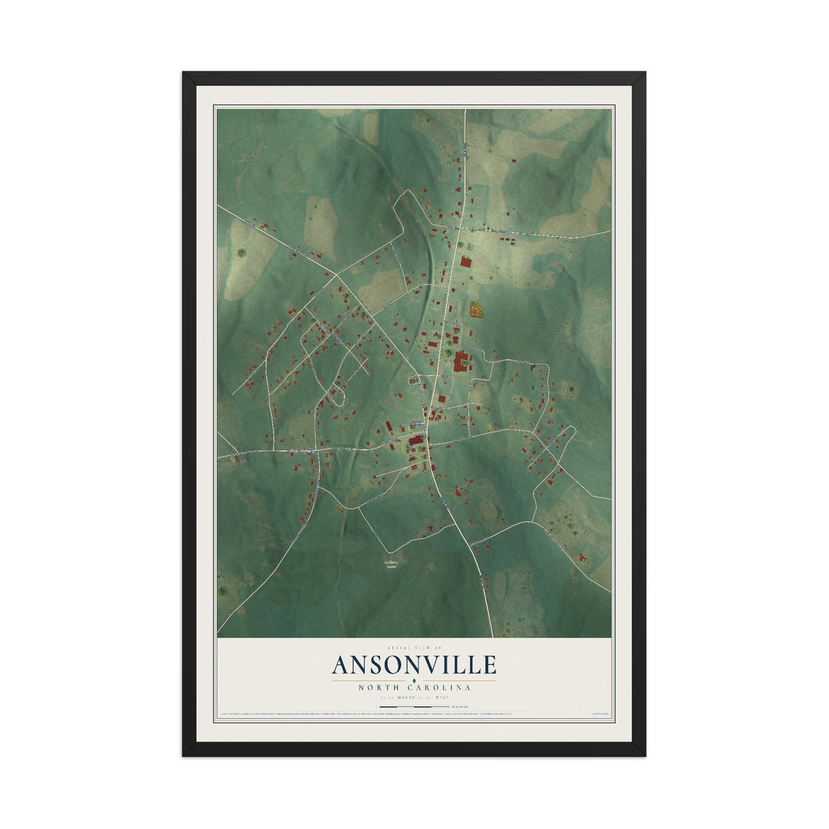 Map of Ansonville, North Carolina, 12 x 18 inch print in a black wood frame