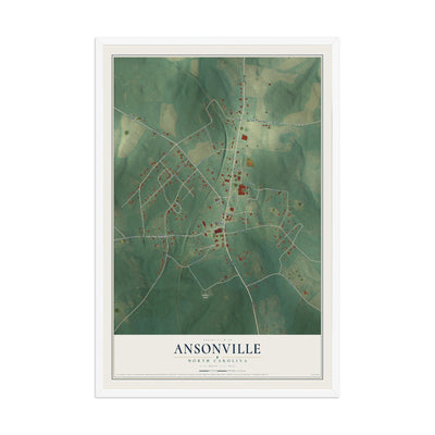 Map of Ansonville, North Carolina, 12 x 18 inch print in a white wood frame
