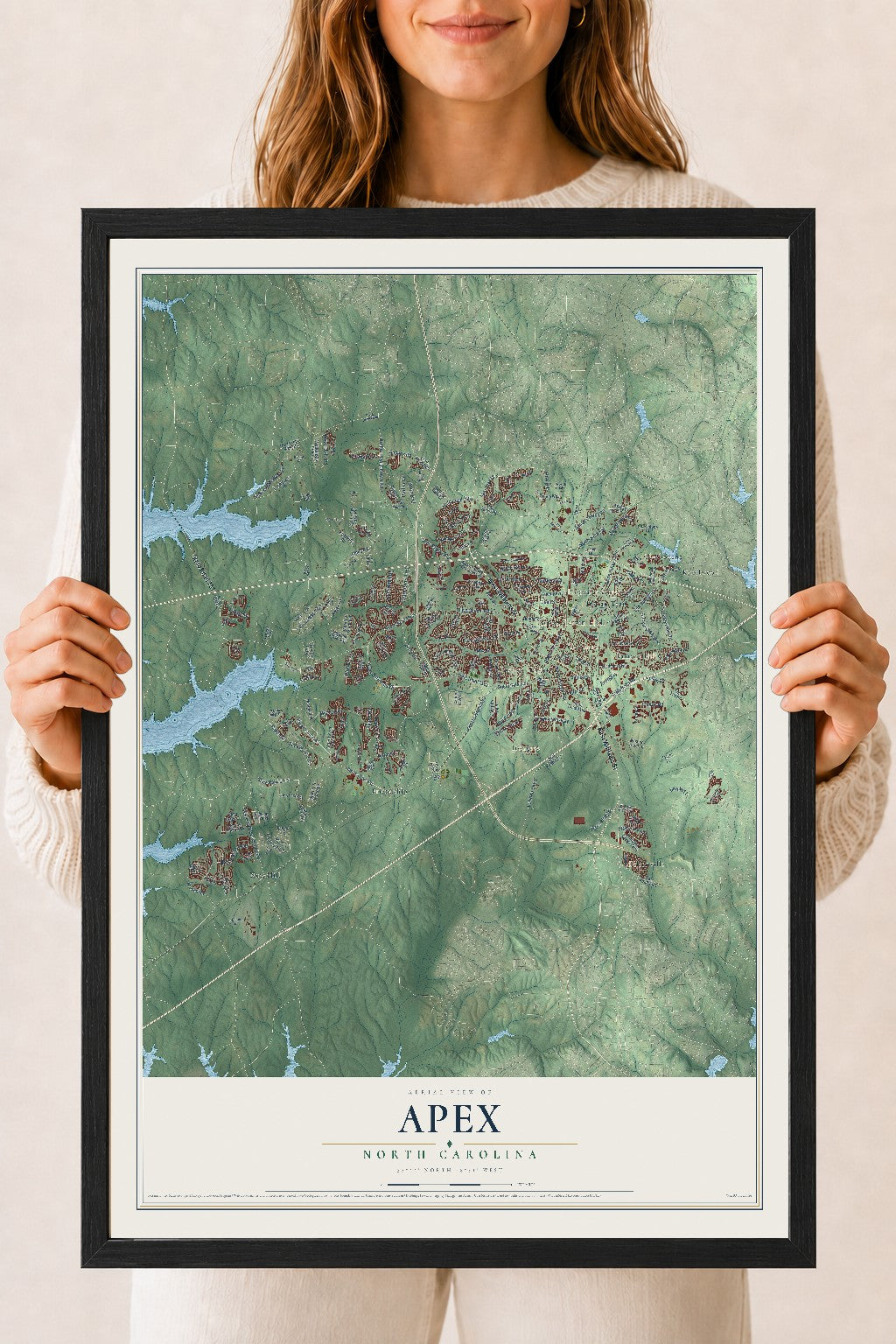 Map of Apex, North Carolina, 18 x 24 inch print in a black wood frame