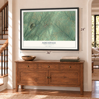 Aquadale, North Carolina map, 24 x 36 inch print in a black frame above a dresser by a staircase