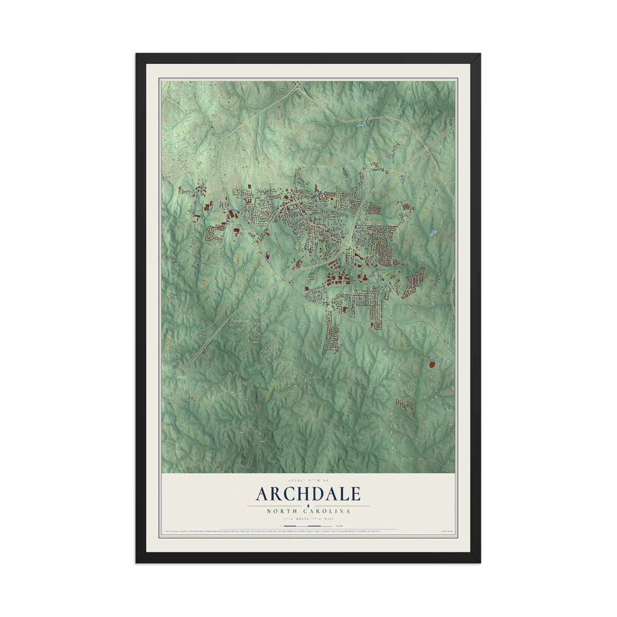 Map of Archdale, North Carolina, 12 x 18 inch print in a black wood frame