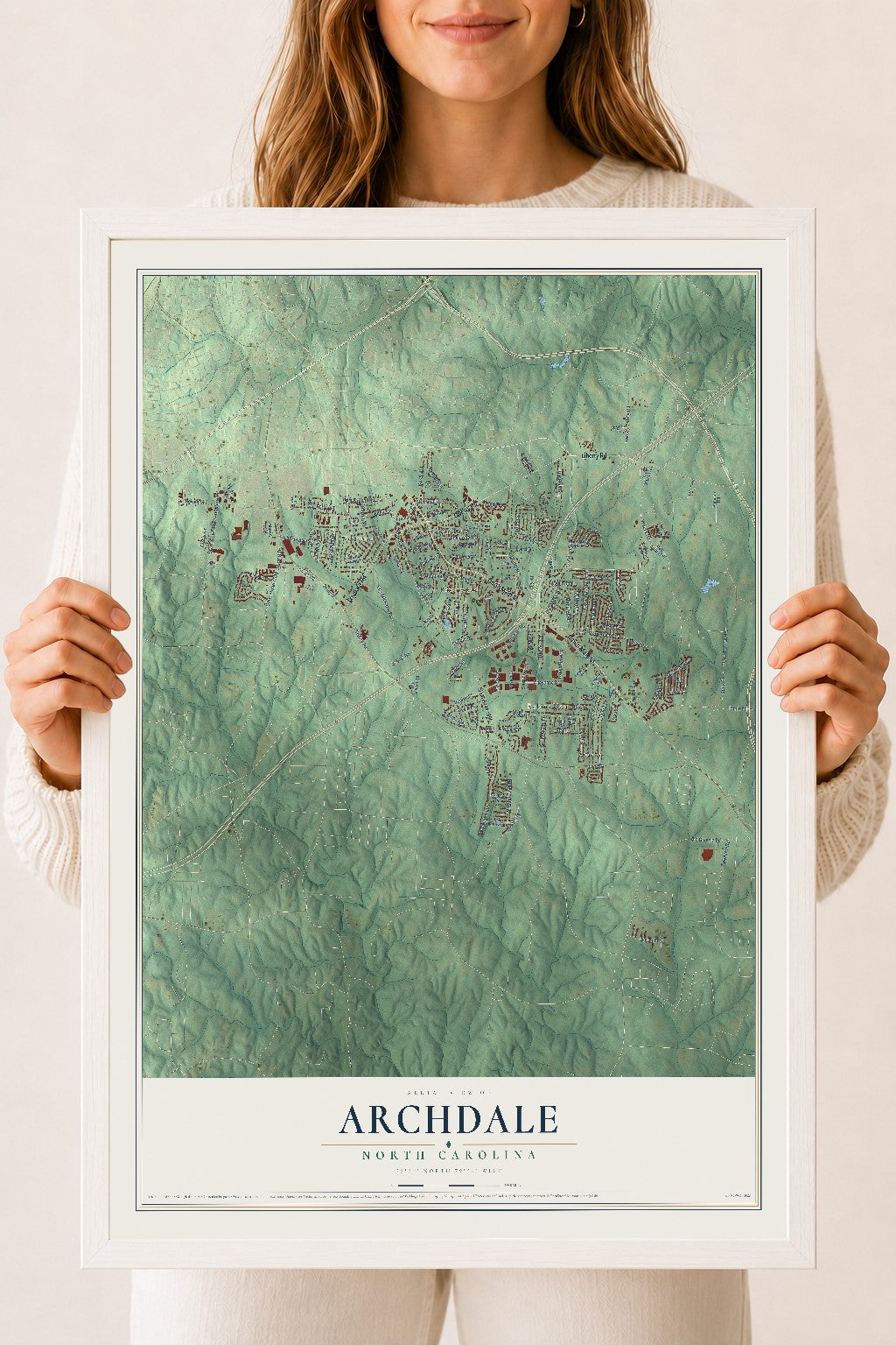 Map of Archdale, North Carolina, 18 x 24 inch print in a white wood frame