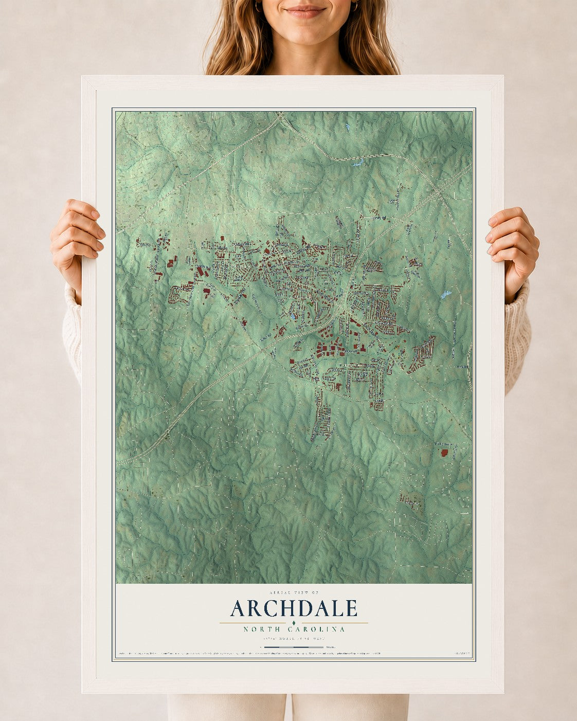 Map of Archdale, North Carolina, 24 x 36 inch print in a white wood frame