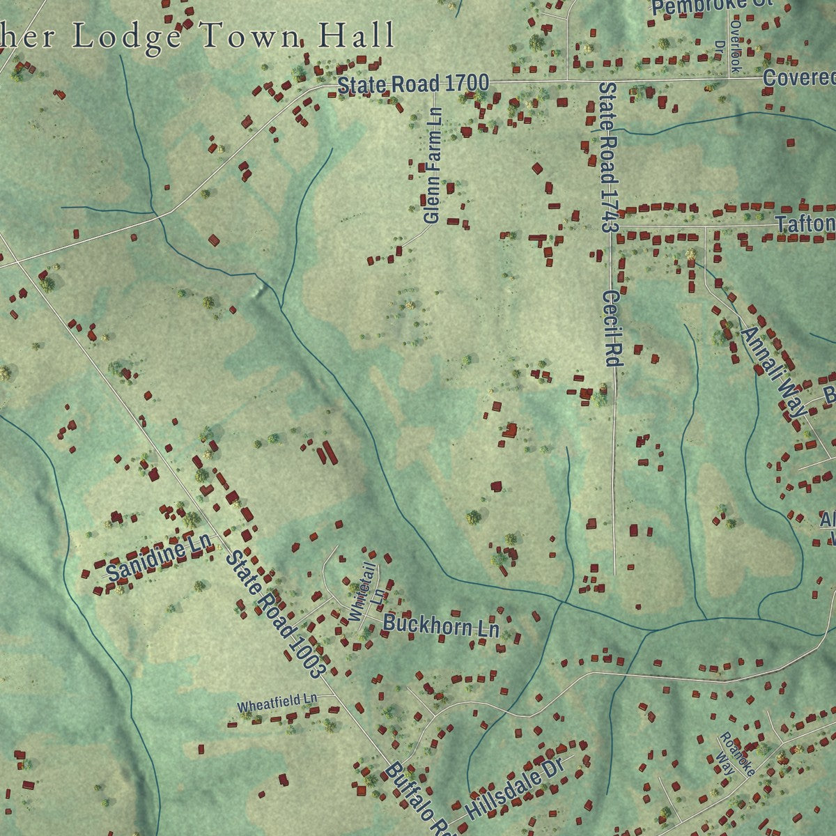 Close-up of the map of Archer Lodge, North Carolina print showing street and building detail