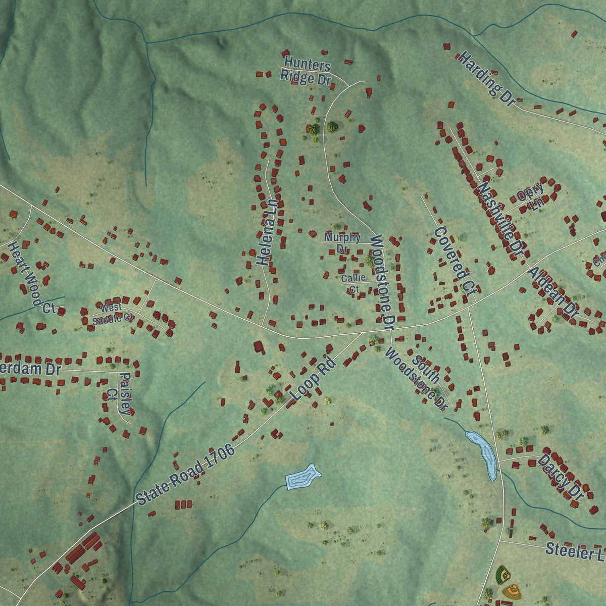 Second close-up of the map of Archer Lodge, North Carolina print showing more streets and buildings