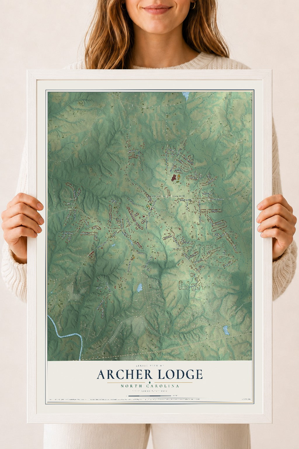 Map of Archer Lodge, North Carolina, 18 x 24 inch print in a white wood frame