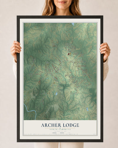 Map of Archer Lodge, North Carolina, 24 x 36 inch print in a black wood frame