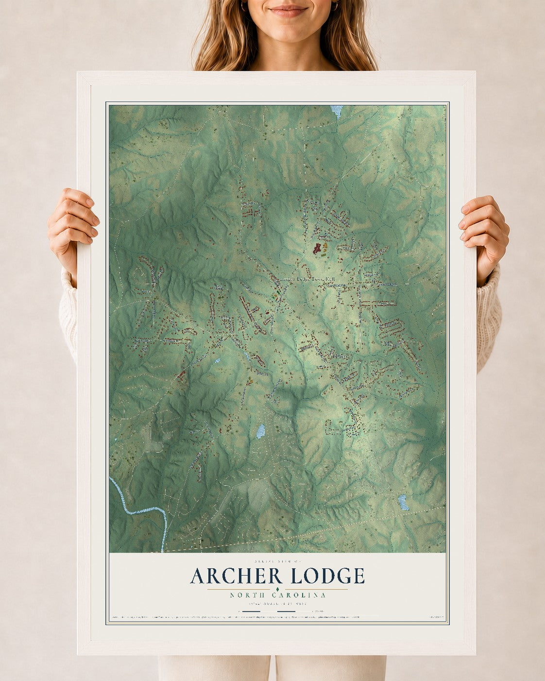 Map of Archer Lodge, North Carolina, 24 x 36 inch print in a white wood frame