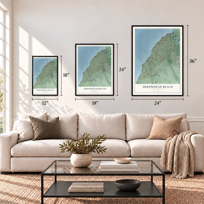 Arrowhead Beach, North Carolina map in 12 x 18, 18 x 24 and 24 x 36 inch sizes above a sofa