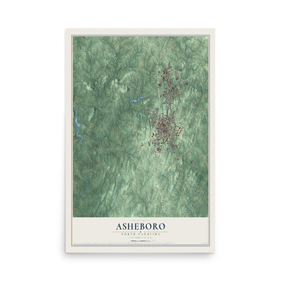 Map of Asheboro, North Carolina, 12 x 18 inch unframed archival matte print