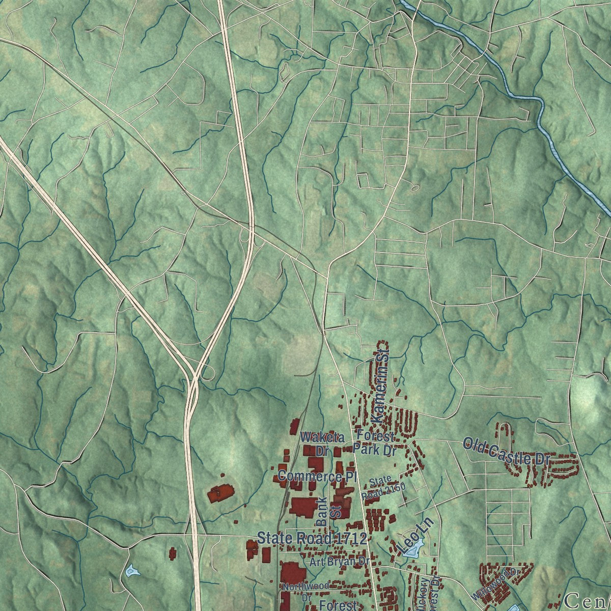 Second close-up of the map of Asheboro, North Carolina print showing more streets and buildings