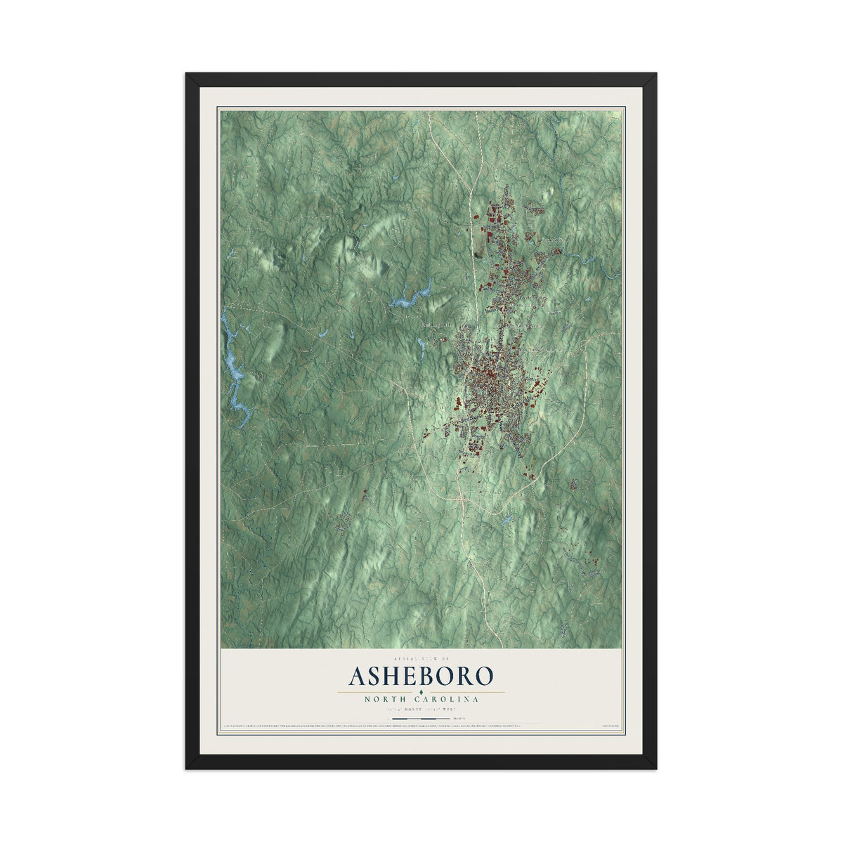 Map of Asheboro, North Carolina, 12 x 18 inch print in a black wood frame