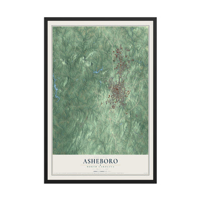 Map of Asheboro, North Carolina, 12 x 18 inch print in a black wood frame