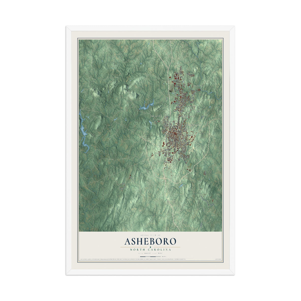 Map of Asheboro, North Carolina, 12 x 18 inch print in a white wood frame