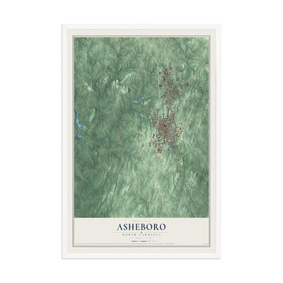 Map of Asheboro, North Carolina, 12 x 18 inch print in a white wood frame